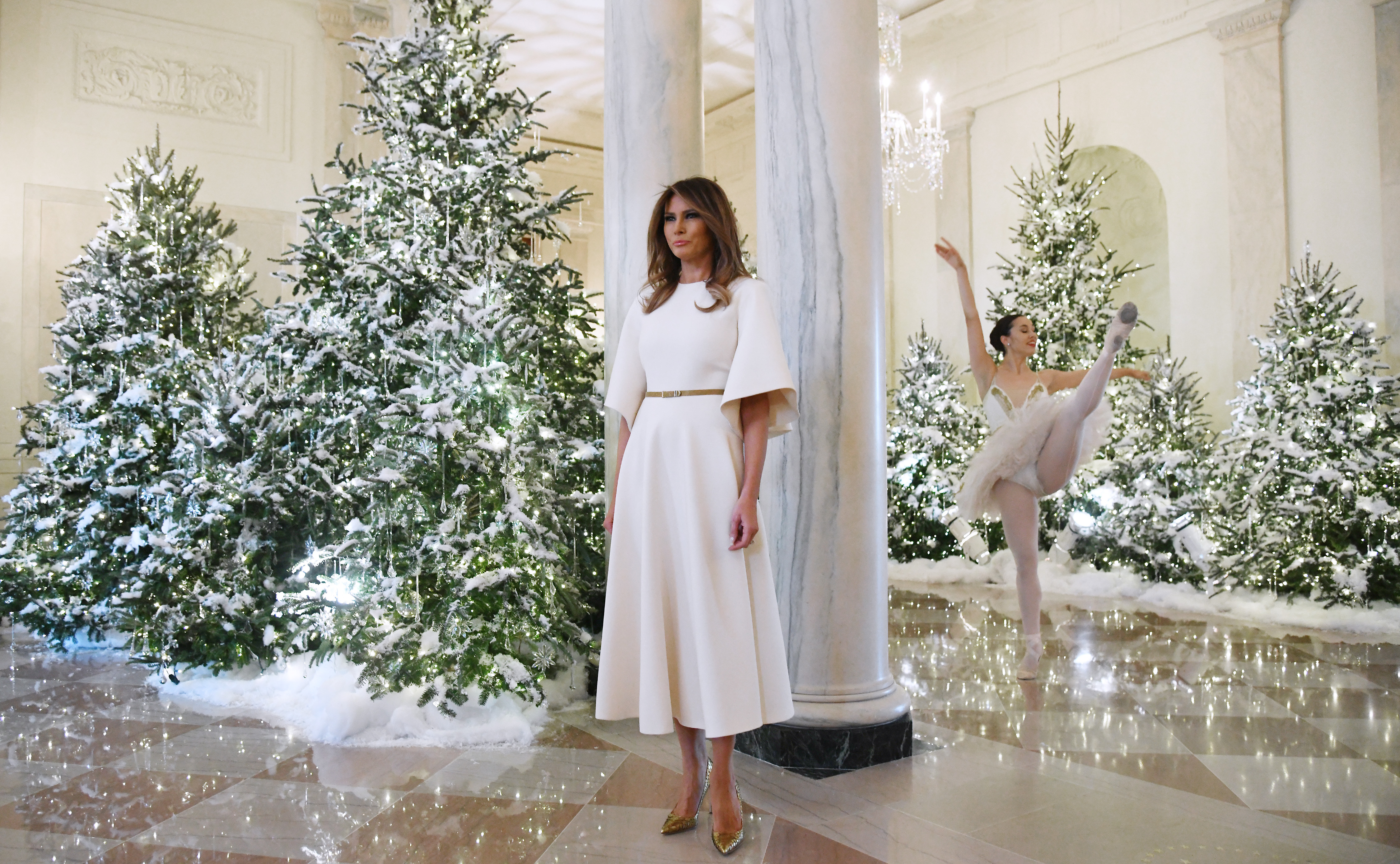 First Lady Melania Trump welcomes children and students from Joint Base Andrews to the White House to view the 2017 holiday decorations