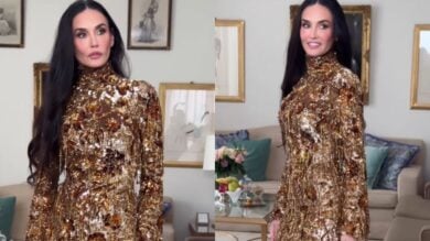 Demi Moore brilla alla Milano Fashion Week con l’abito d’oro per la première di ‘The Tiger’, il cortometraggio di Gucci