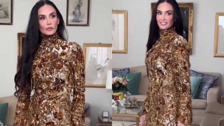 Demi Moore brilla alla Milano Fashion Week con l’abito d’oro per la première di ‘The Tiger’, il cortometraggio di Gucci